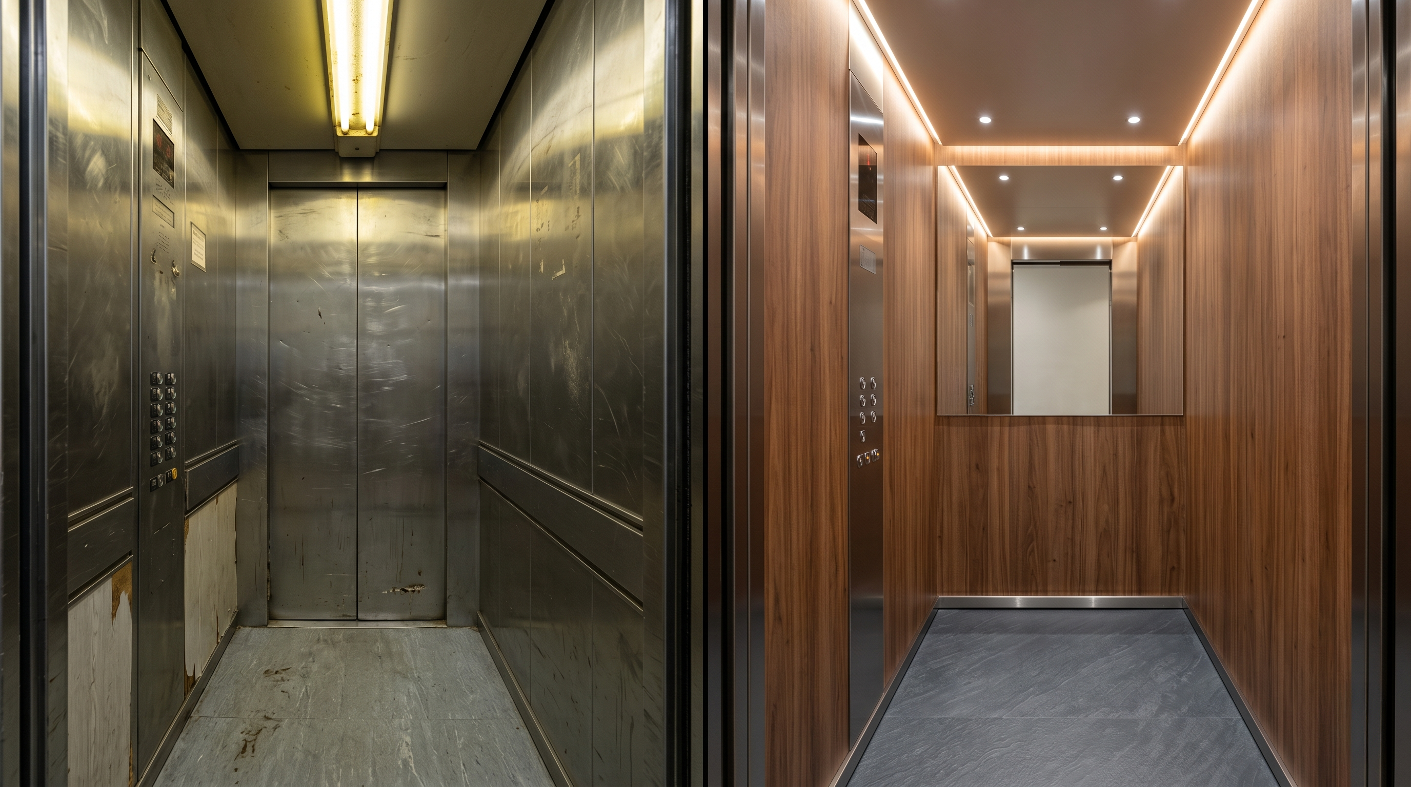 Nowoczesna kabina windy w hotelu po modernizacji okleiną architektoniczną — widok wnętrza