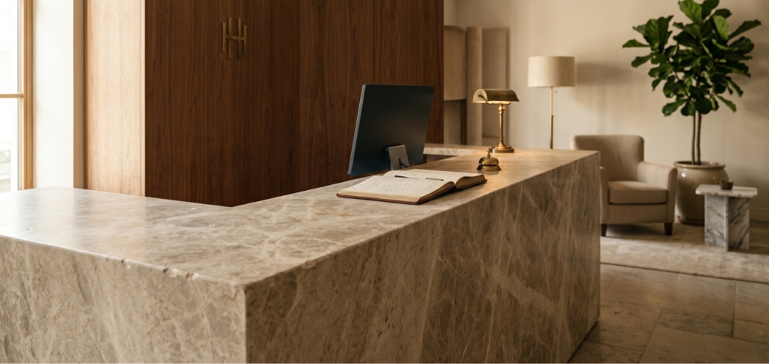Lada recepcyjna w lobby hotelu z wykończeniem imitującym kamień — renowacja lady recepcyjnej laminatem architektonicznym