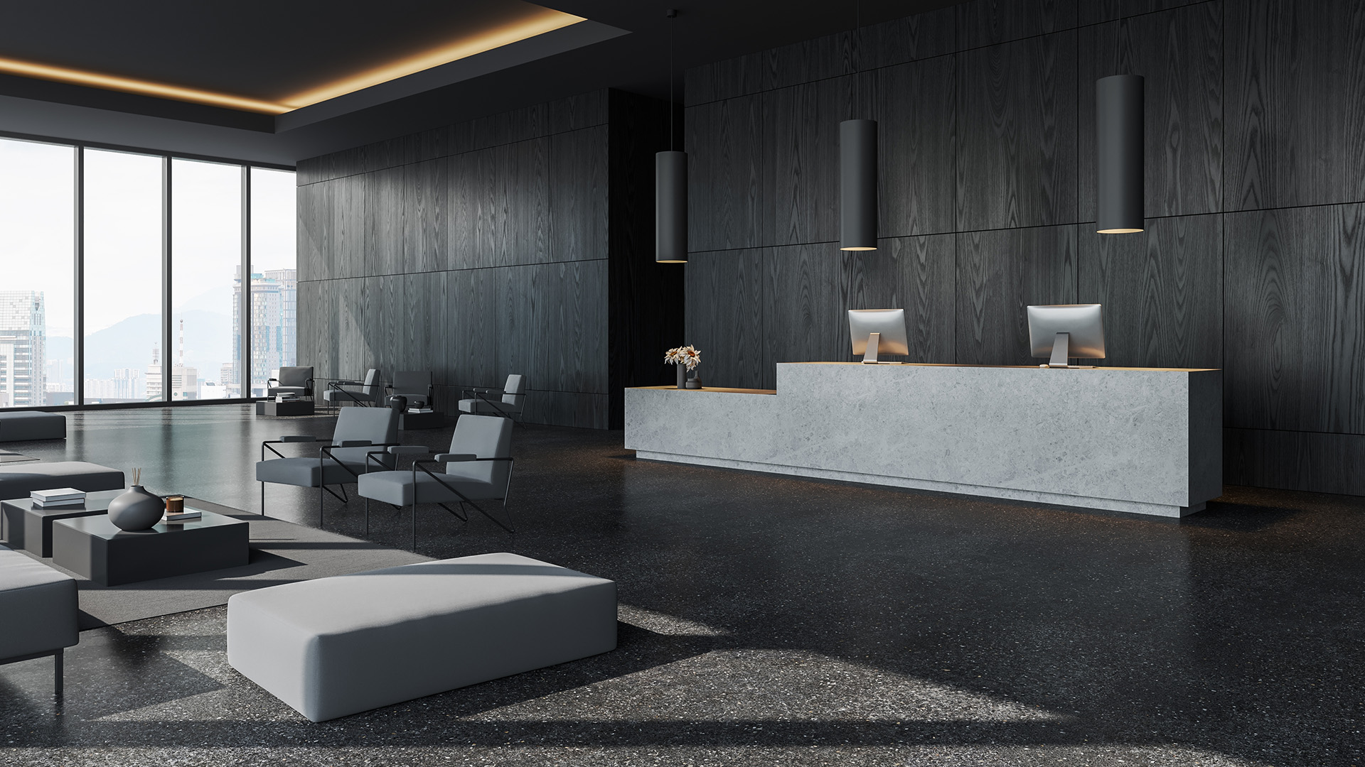 Detal frontu recepcji wykończonego folią imitującą naturalny materiał